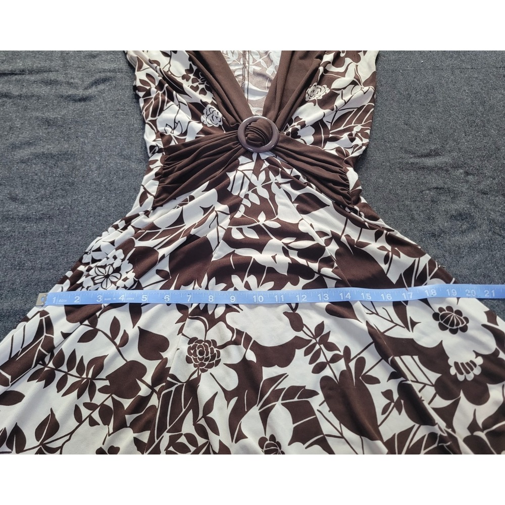 Vintage 90s Y2K Brown White Floral Dress La Belle Stretch Tropical S V Neck - Picture 10 of 12